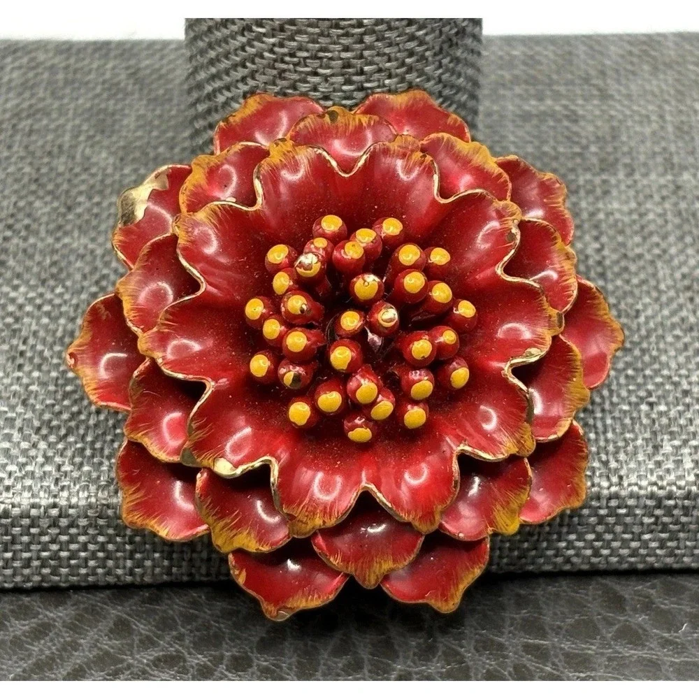 Vintage Red and Yellow Enamel Zinnia Flower Brooch Pin Gold Tone Mod Pop Art